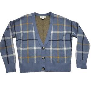 RACHEL ZOE Plaid Cardigan Sweater Size Medium Blue Academic Preppy Rayon